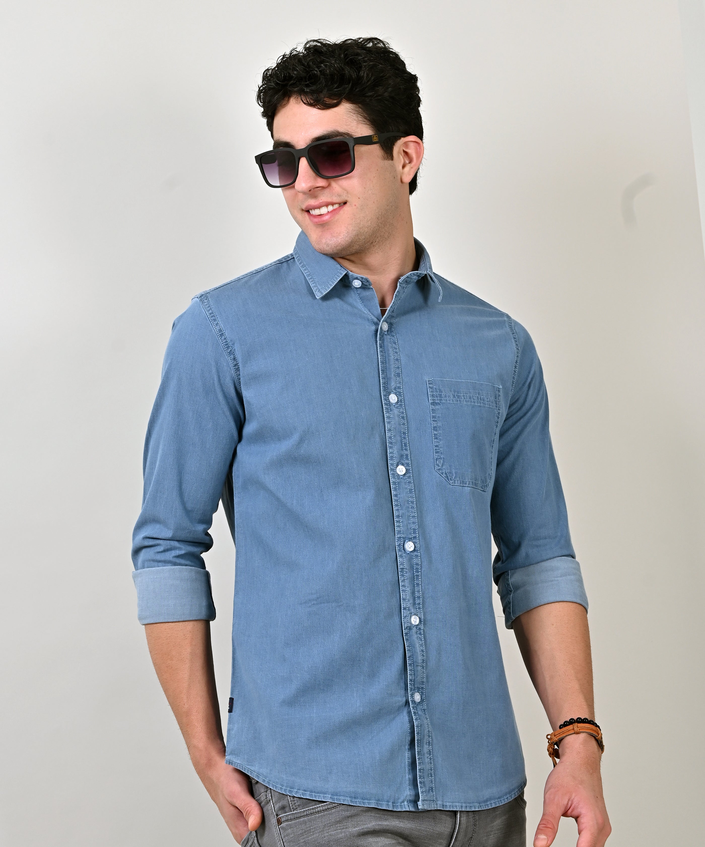 Miraan Men's Long Sleeve Casual Light-Blue Denim Shirt  (SIGBLACKDENIMXS_Black_X-Small),Size -XS