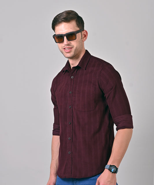 Corduroy Self Striped Maroon Shirt