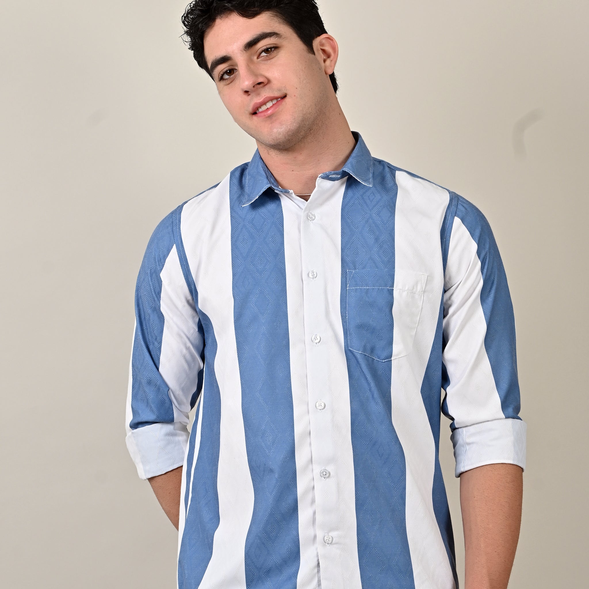 Crochet Printed Blue Stripes Shirt
