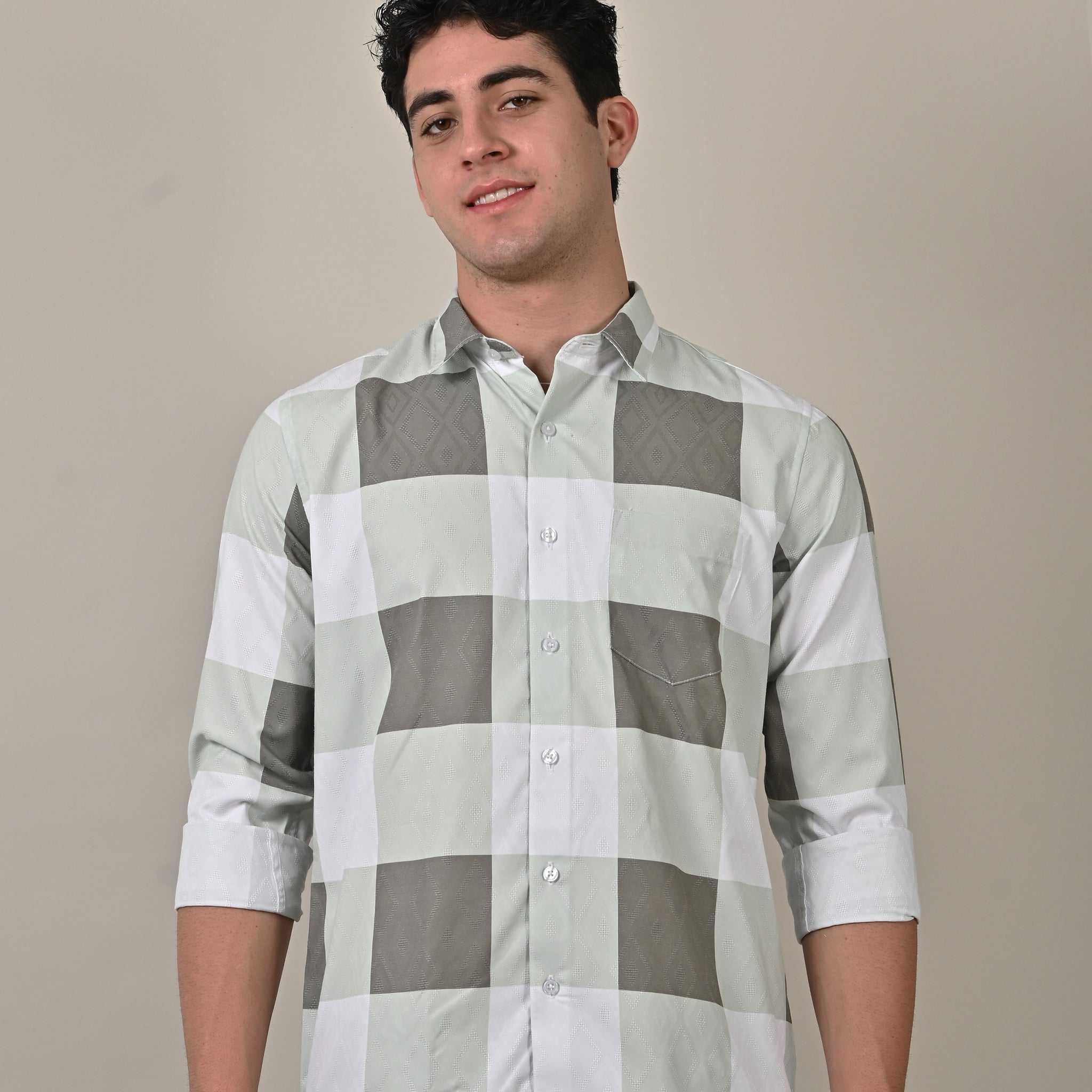 Crochet Checkered Olive Printed Shirt