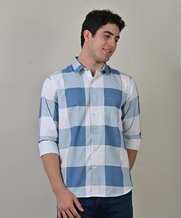 Crochet Checkered Lt Blue Printed Shirt