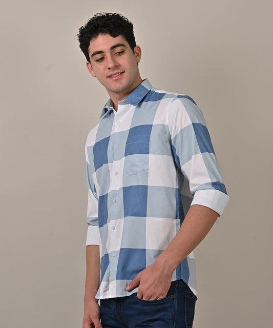Crochet Checkered Lt Blue Printed Shirt