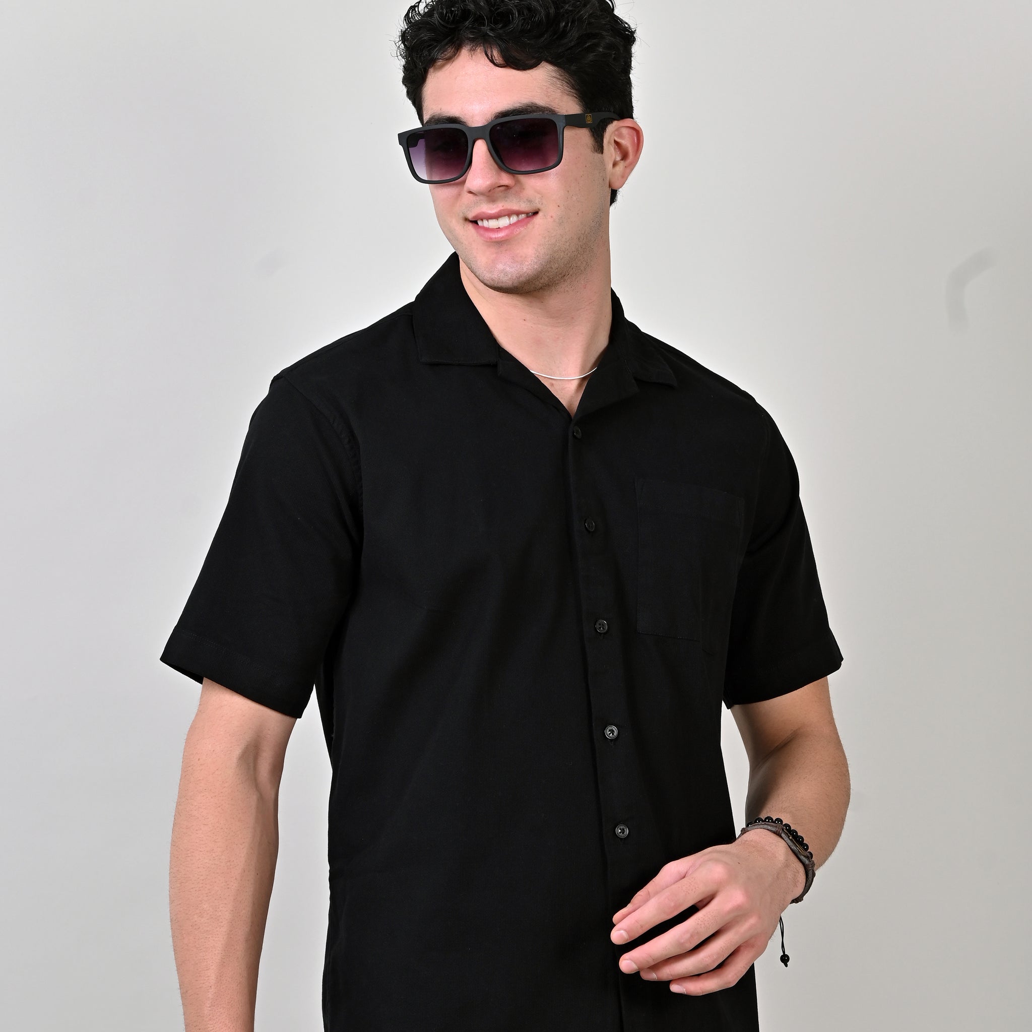 Dobby Plain Half Sleeve Black Shirt