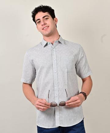 Moc Lino Grey Plain Textured Half Sleeve Shirt