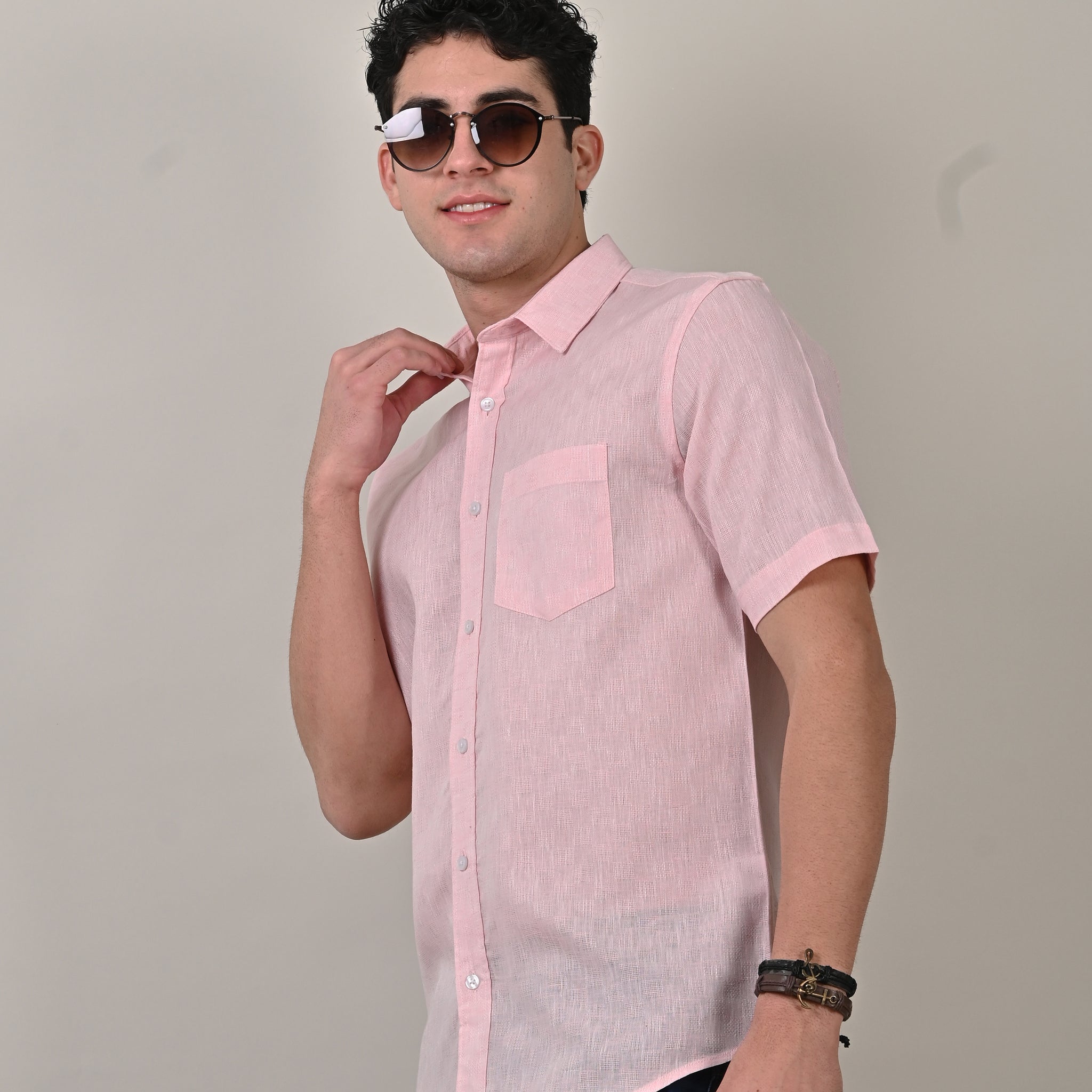 Moc Lino Pink Plain Textured Half Sleeve Shirt