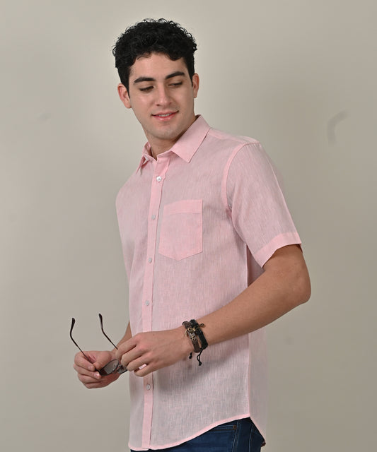 Moc Lino Pink Plain Textured Half Sleeve Shirt