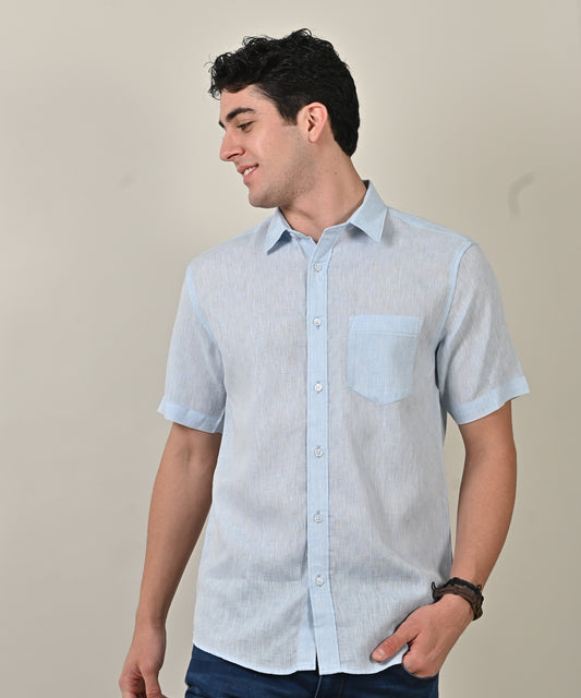 Moc Lino Light Blue Plain Textured Half Sleeve Shirt