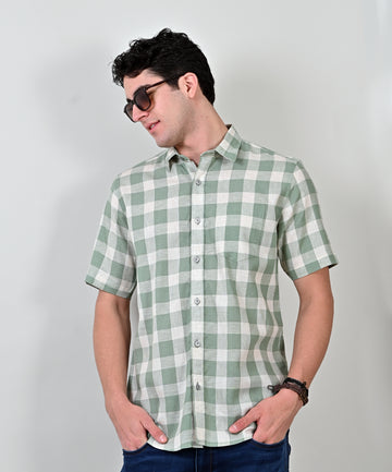 Oxford Dobby Half Sleeve Green Checkered Shirt