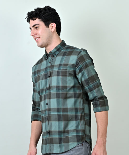 Twill Lycra Green Checkered Shirt