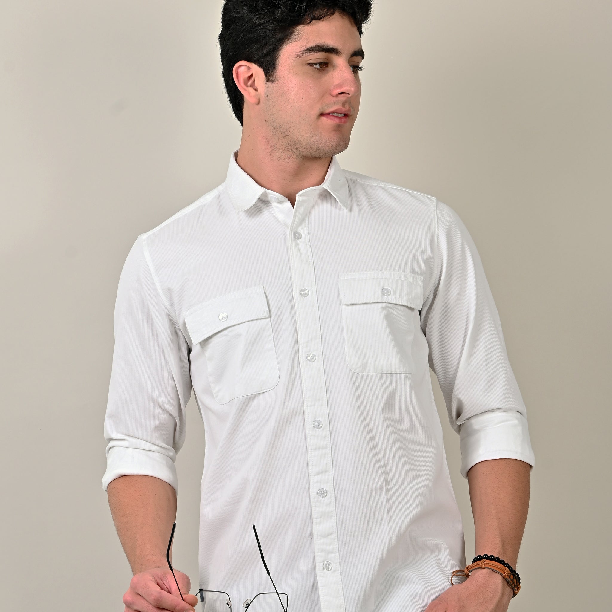 Cord Plain Double Pocket White Shirt