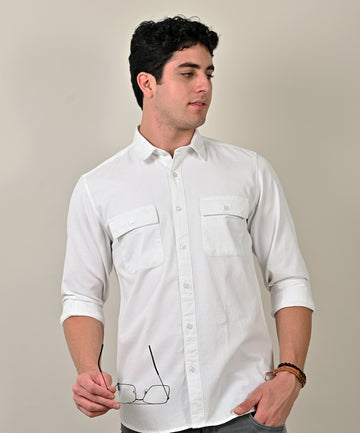 Cord Plain Double Pocket White Shirt
