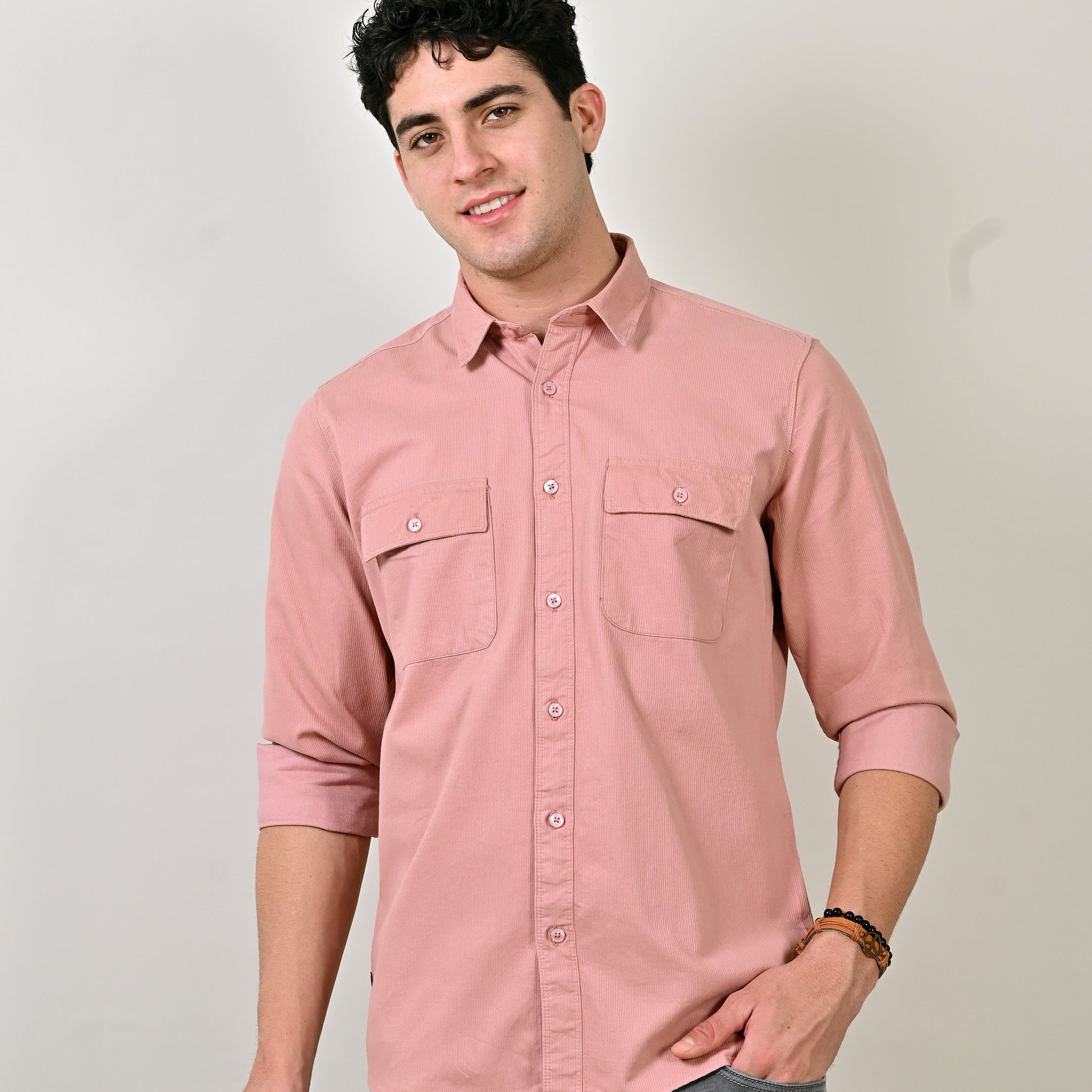 Cord Plain Double Pocket Peach Shirt