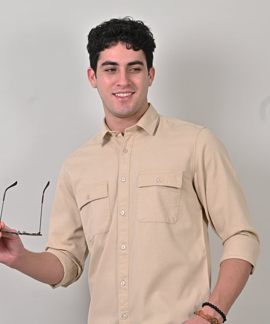 Cord Plain Double Pocket Khaki Shirt