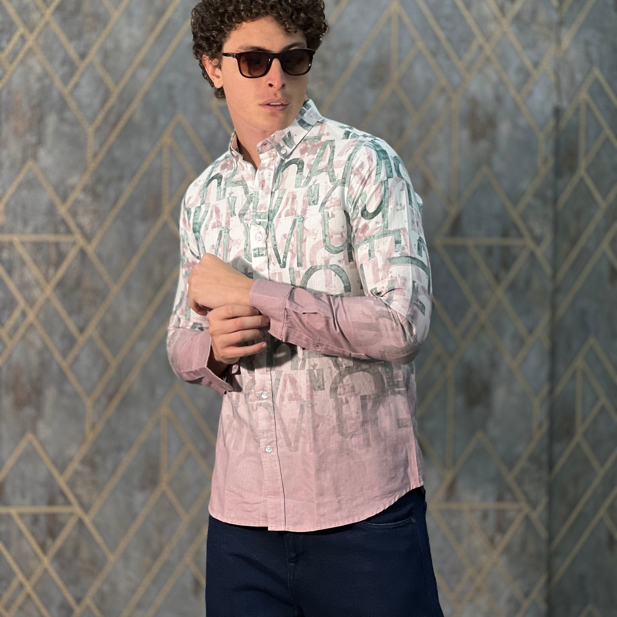 COTTON LINEN OMBRE PINK PRINTED SHIRT