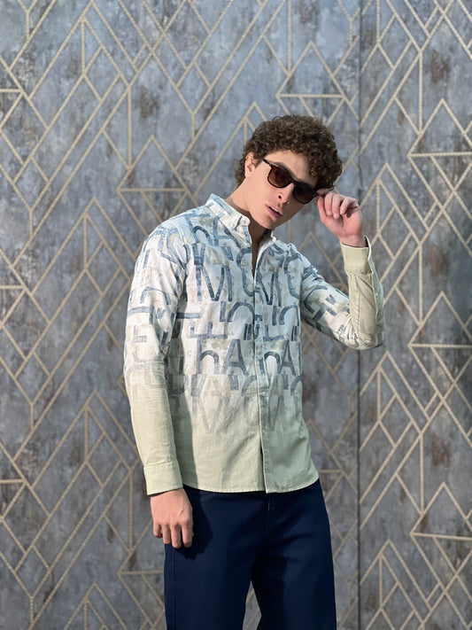 COTTON LINEN OMBRE BEIGE PRINTED SHIRT