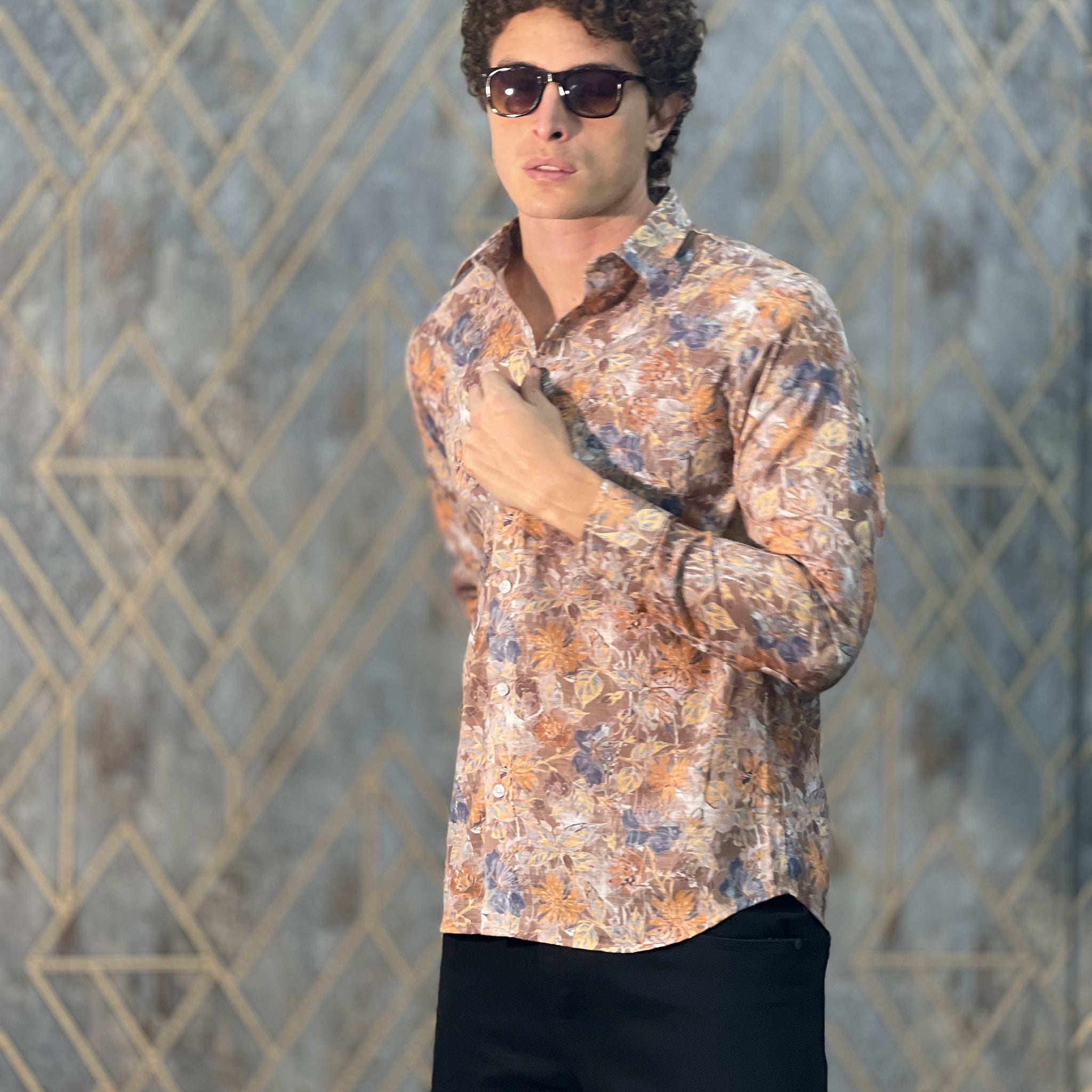 BELENDED LINEN PRINT KHAKI SHIRT