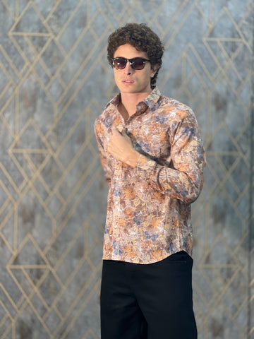 BELENDED LINEN PRINT KHAKI SHIRT