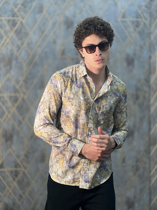 BELENDED LINEN PRINT SAND SHIRT