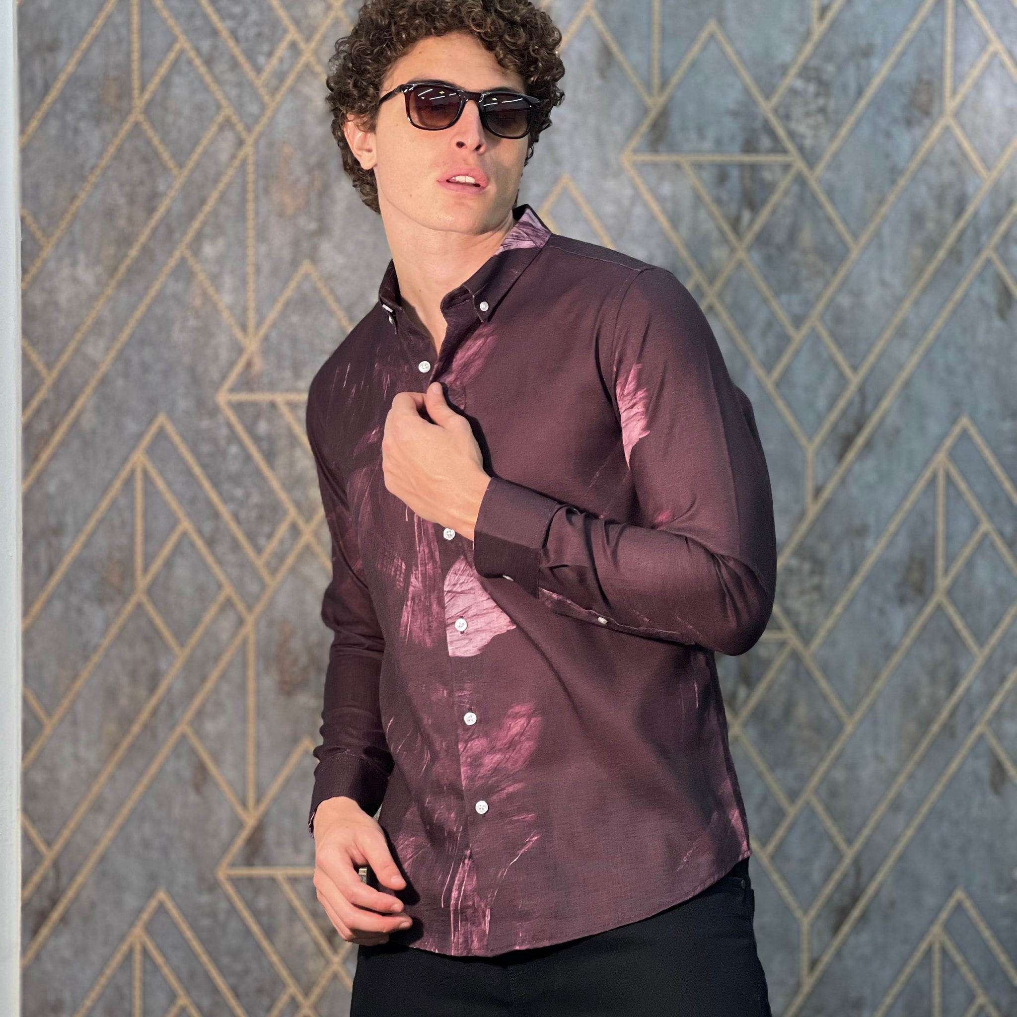 BELENDED LINEN PRINT WINE SHIRT
