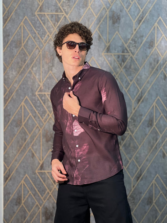 BELENDED LINEN PRINT WINE SHIRT