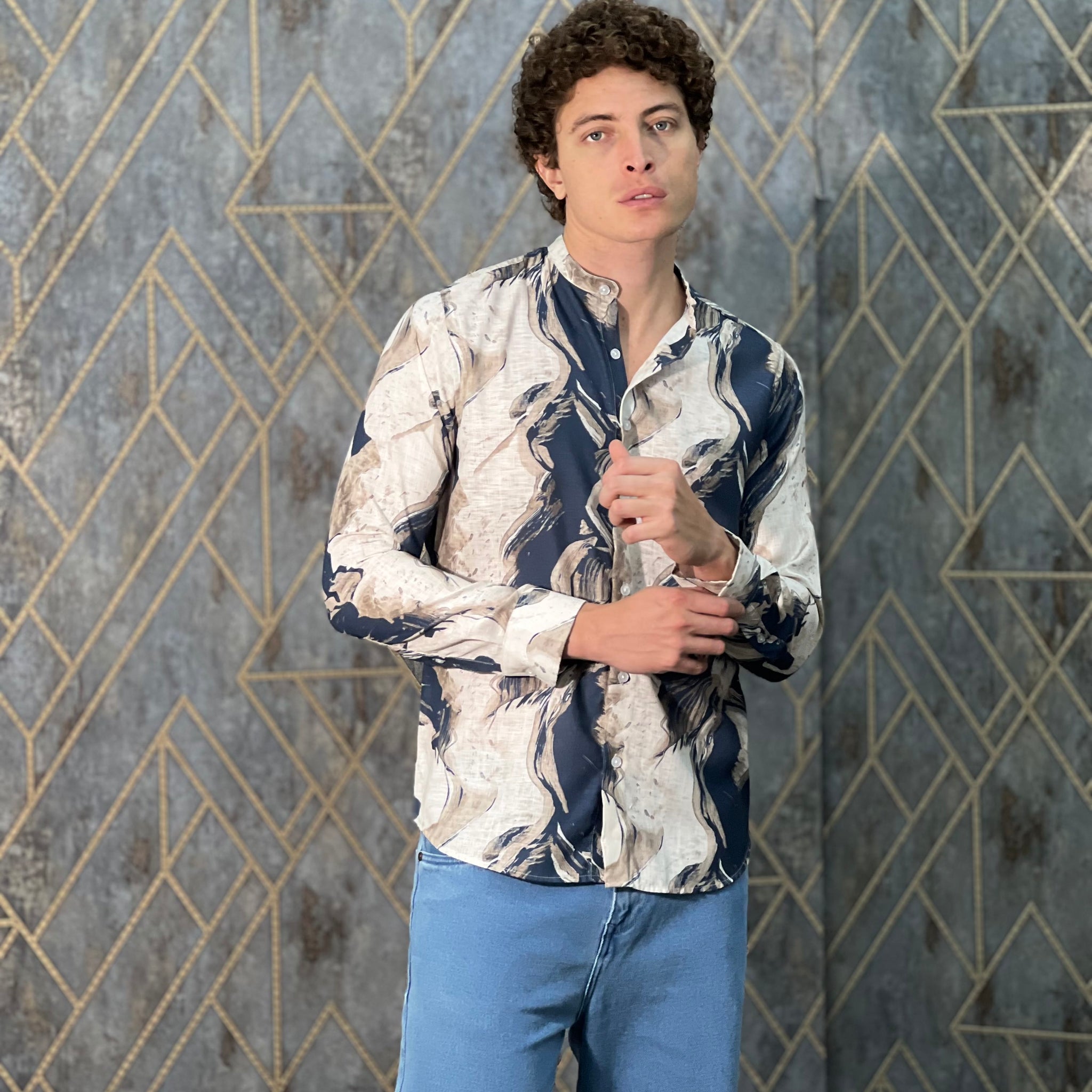 BELENDED LINEN PRINT BLUE SHIRT