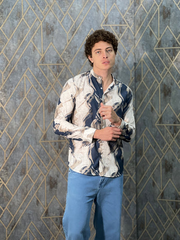 BELENDED LINEN PRINT BLUE SHIRT