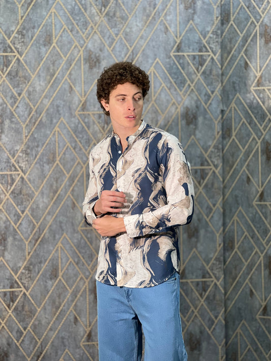 BELENDED LINEN PRINT BLUE SHIRT