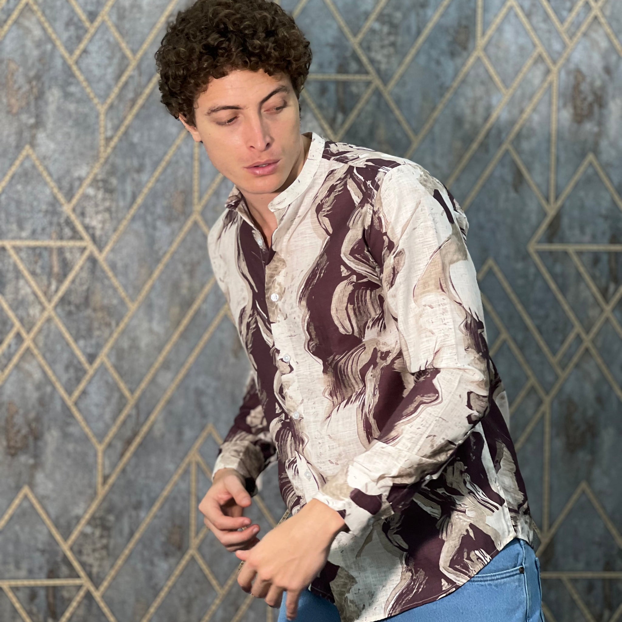 BELENDED LINEN PRINT BEIGE SHIRT
