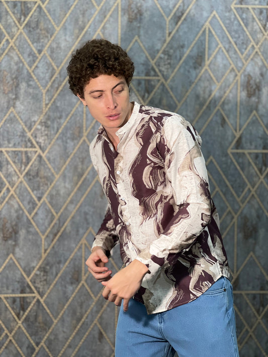BELENDED LINEN PRINT BEIGE SHIRT