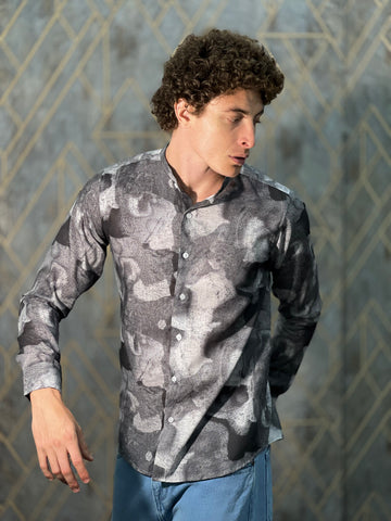 BLENDED LINEN PRINT BLACK SHIRT