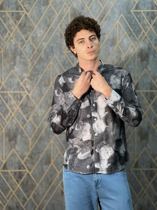 BLENDED LINEN PRINT BLACK SHIRT