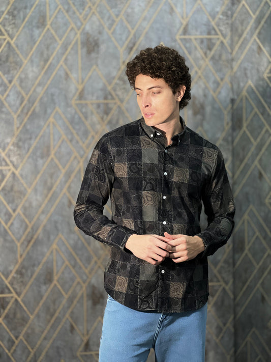 CORDUROY PRINTED PREMIUM BLACK SHIRT