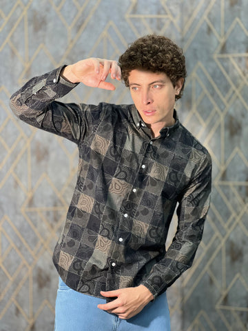 CORDUROY PRINTED PREMIUM BLACK SHIRT