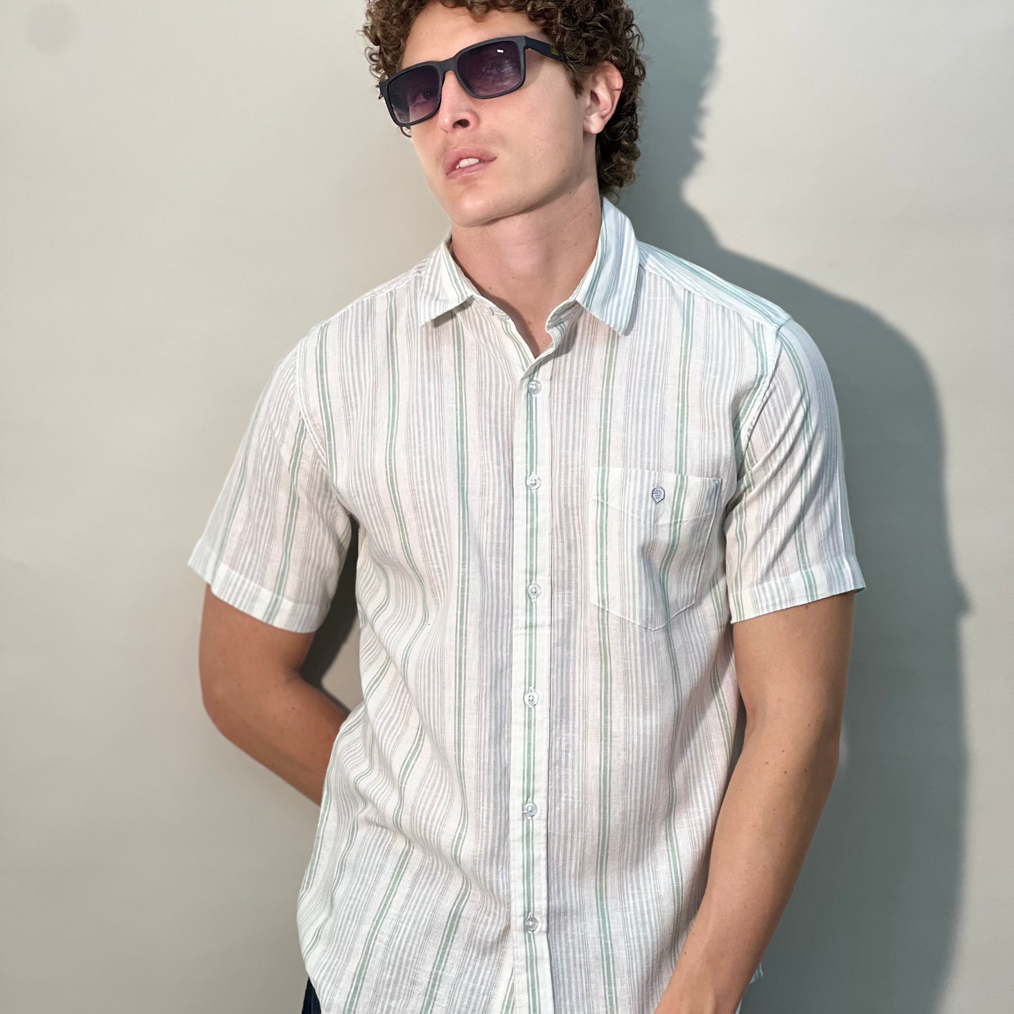 COTTON LINEN STRIPED GREEN SHIRT