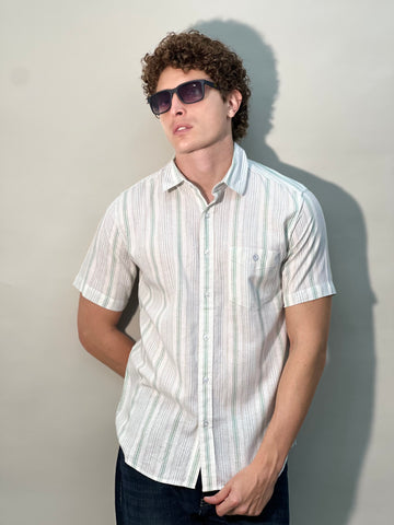 COTTON LINEN STRIPED GREEN SHIRT