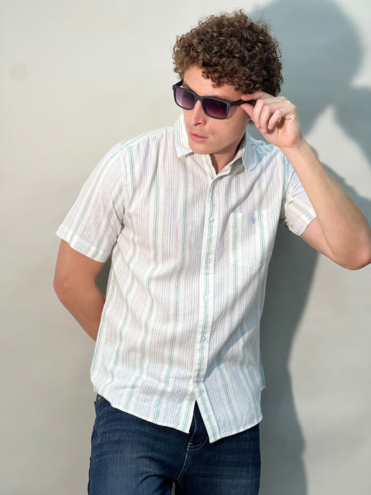 COTTON LINEN STRIPED GREEN SHIRT