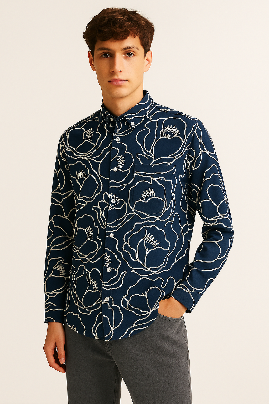 BELENDED LINEN PRINT BLUE SHIRT