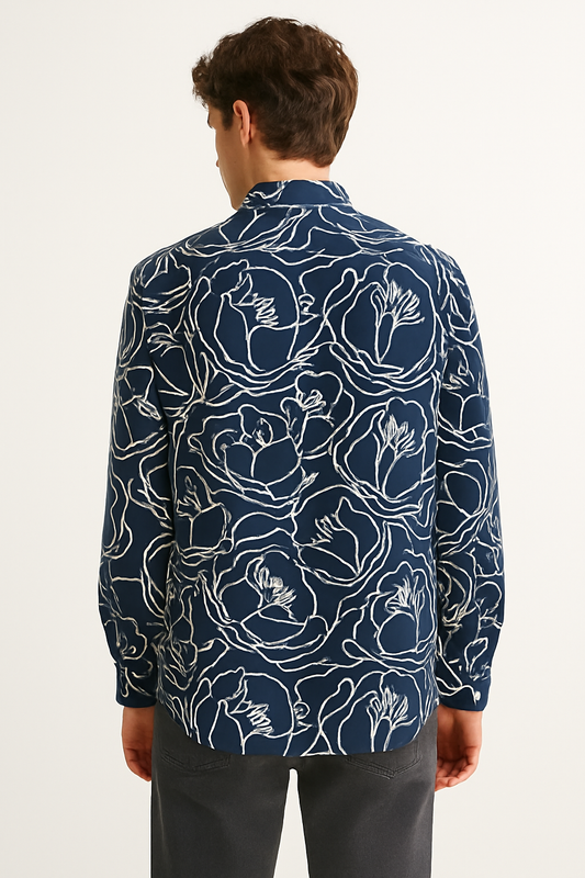 BELENDED LINEN PRINT BLUE SHIRT