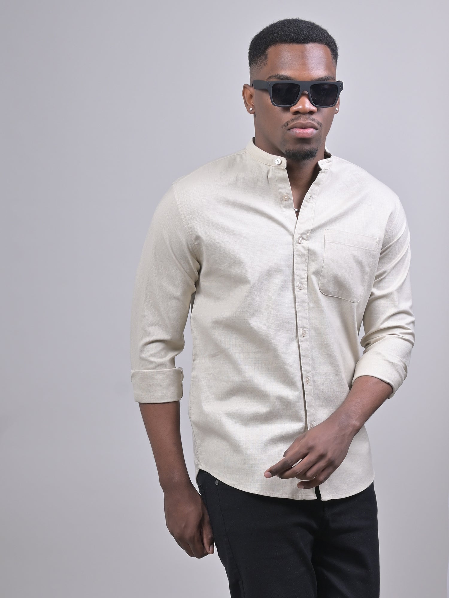 MANDARIN COLLAR DOBBY PLAIN SHIRT