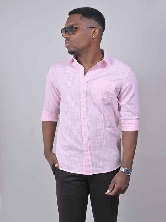 Cotton Linen Checked Single Pocket Shirt