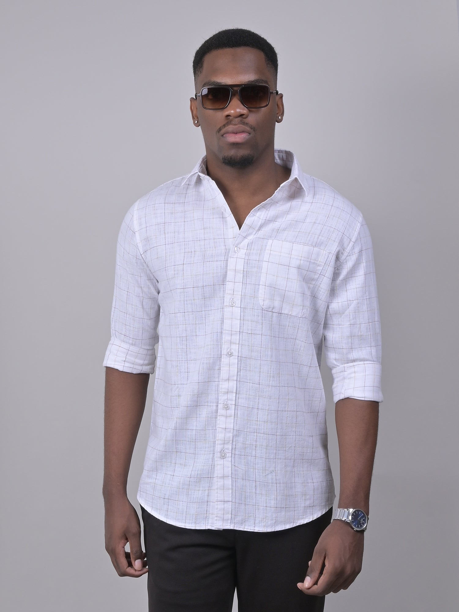 Cotton Linen Checked Single Pocket Shirt