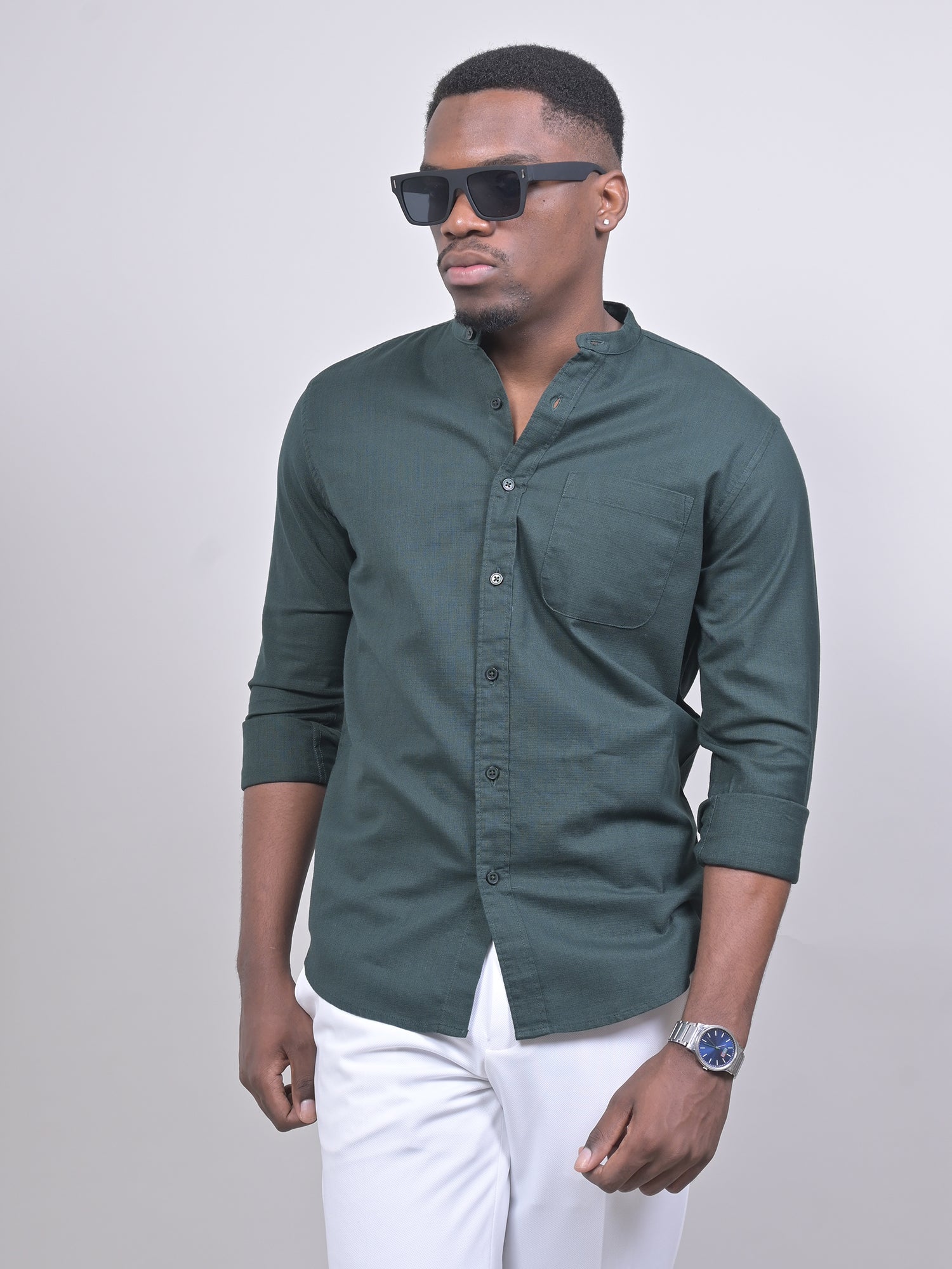 MANDARIN COLLAR DOBBY PLAIN SHIRT